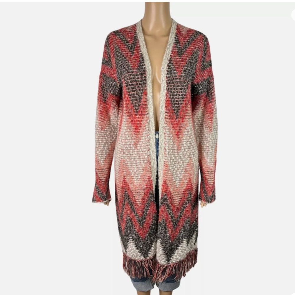 Lucky Brand Aztec knit open front cardigan duster Southwestern chevron fringe xl